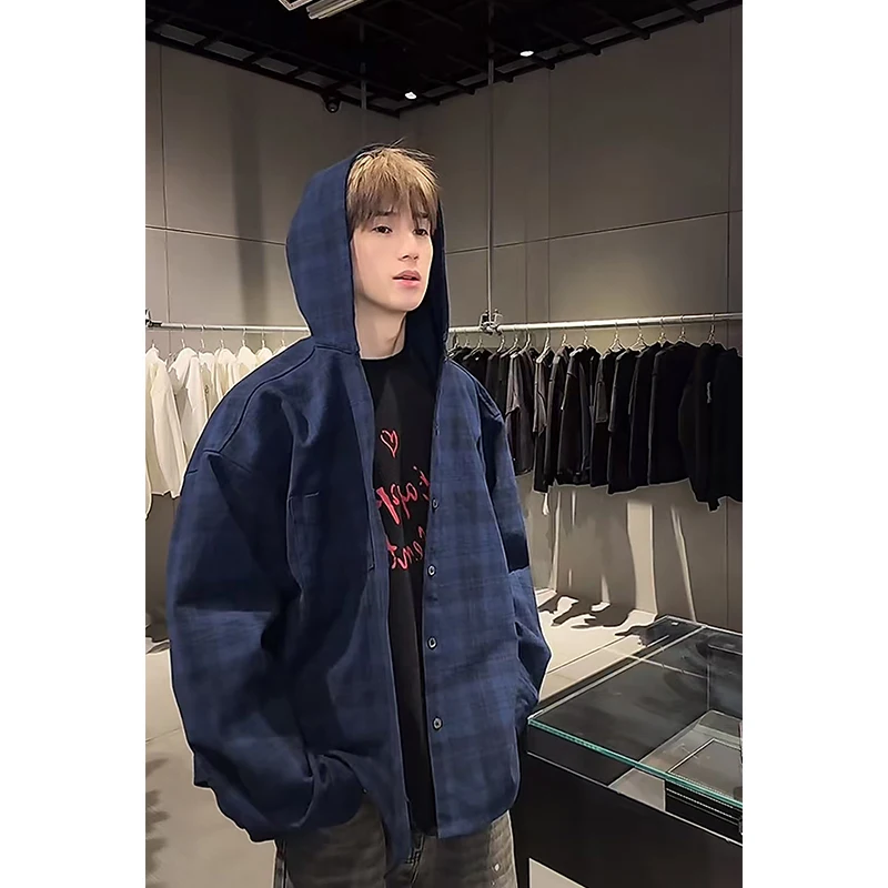 

Cleanfit Boy's Plaid Long Sve irt with Large Hat in Mis Blue American Retro Sle Youthful Trendy Spring Outerwear