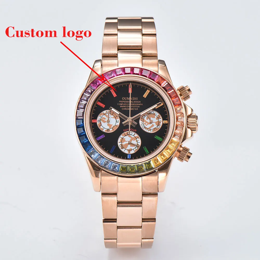 40mm VK63 movement 10barfa water case 316L Stainless steel sapphire glass case Colored diamond bezel close back cover