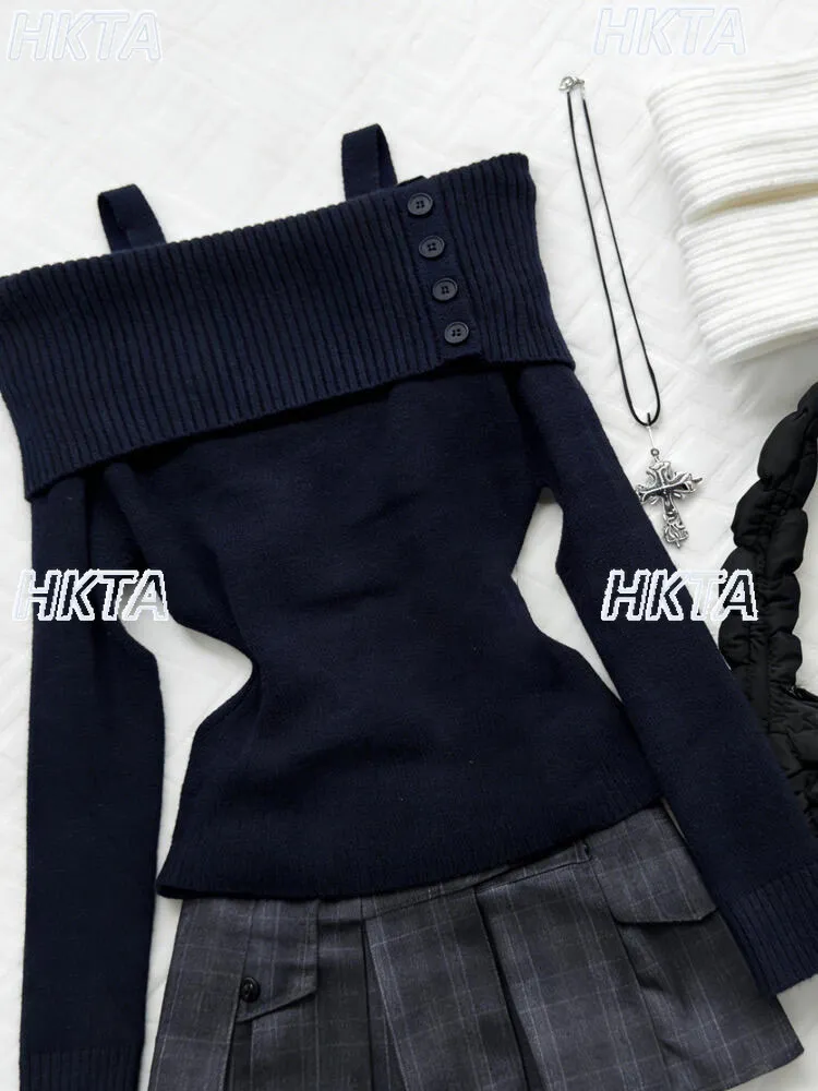 Gothique épaules dénudées mince tempérament tricoté pull hiver trajet élégant col doux à manches longues pull noir haut femmes