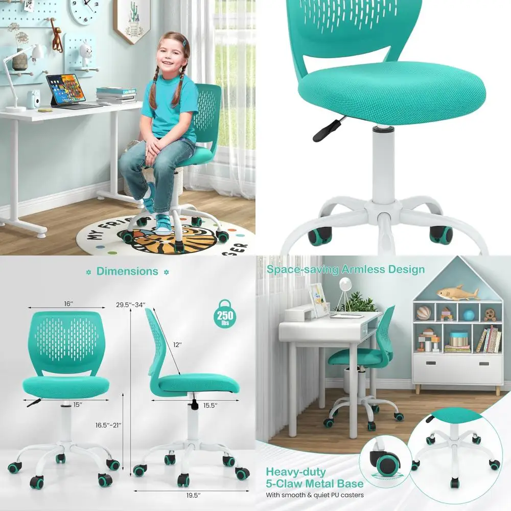 

Kids Desk Chair, Armless Mesh Children Study Seat, Swivel Teen Desk Computer Chair with Adjustable Height & Lumbar Support, Turq