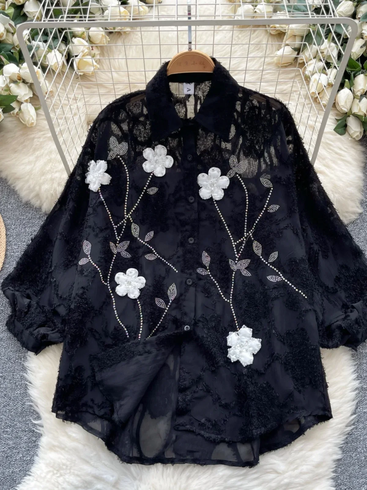 Gaganight Women Heavy Industry Diamond Inlaid Three dimensional Flower Embroidery Shirt 2024 French Long Sleeved Chiffon Shirt