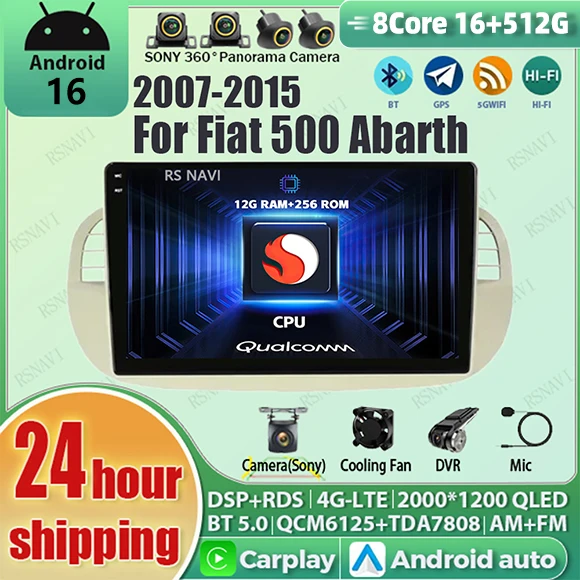 Android 16 For FIAT 500 2007-2015 2K QLED Android Car Radio Multimedia Video Player GPS AI Voice CarPlay 4G Navigation stereo BT