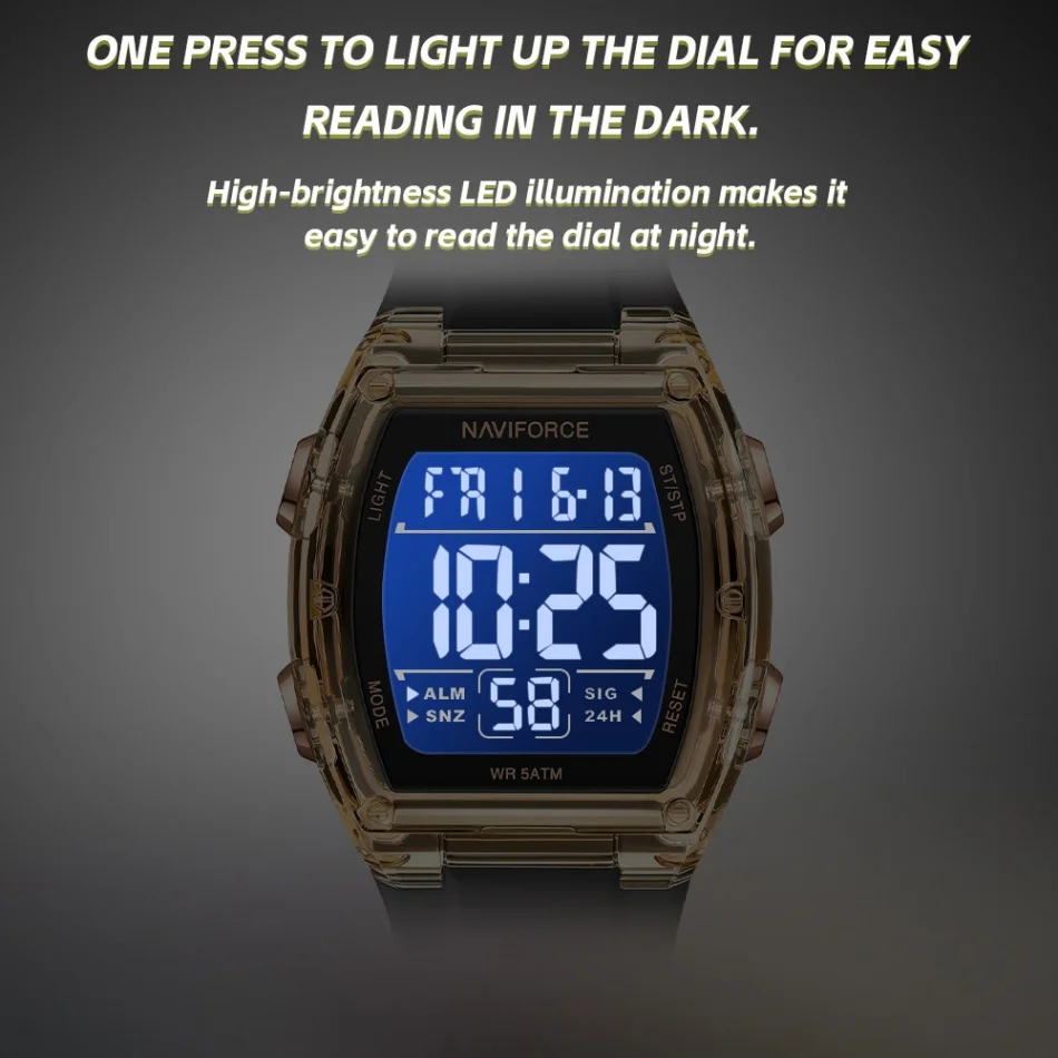 NAVIFORCE Men‘s LED Night Light Display Silicone Wristband Watch Alarm Mode 5ATM Waterproof Boy Stopwatch Timer Digital Display