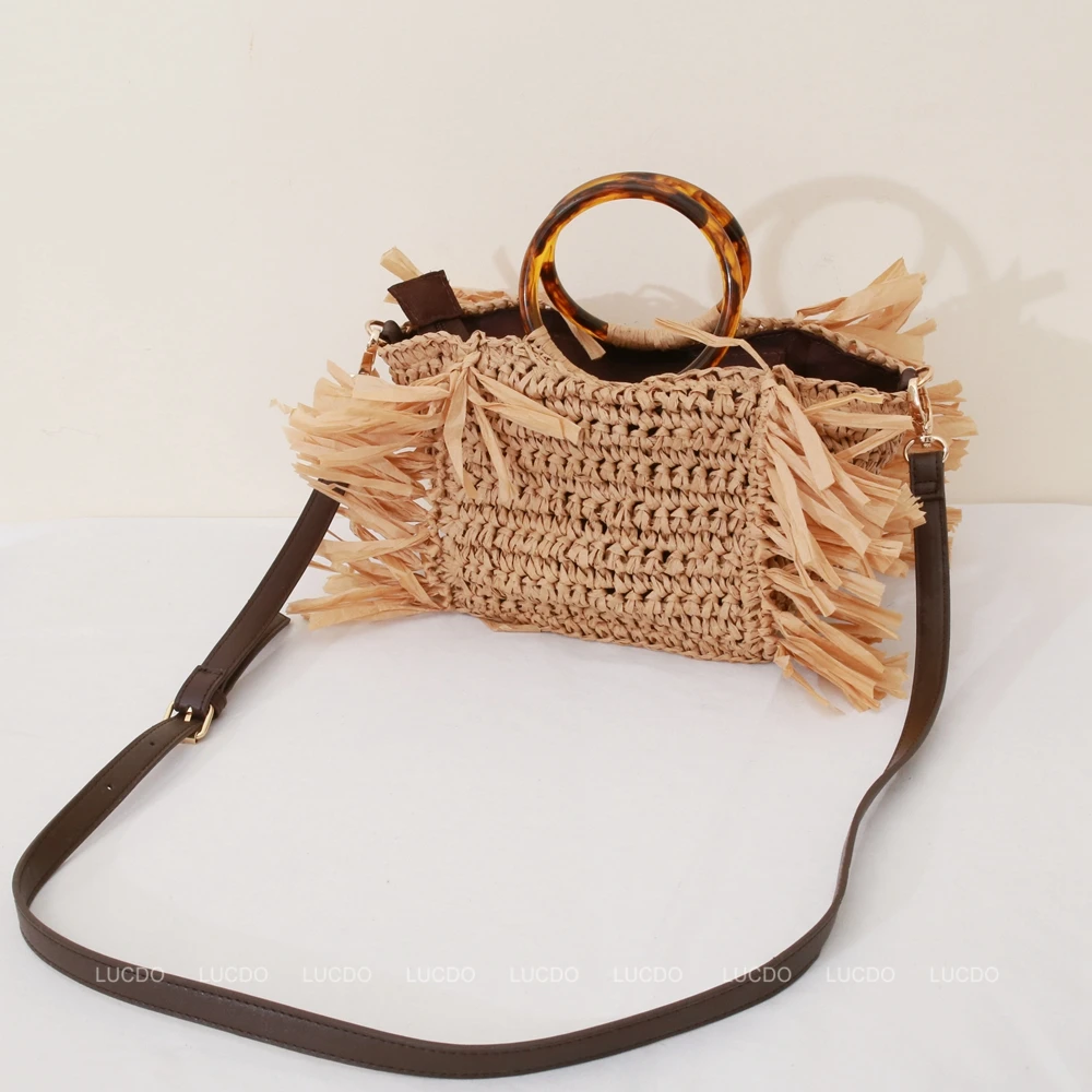 Beach Raffia Rattan Woven Handbags for Women 2024 Tassels Amber Circle Acrylic Handle Shoulder Clutch Designer Summer Straw Bags