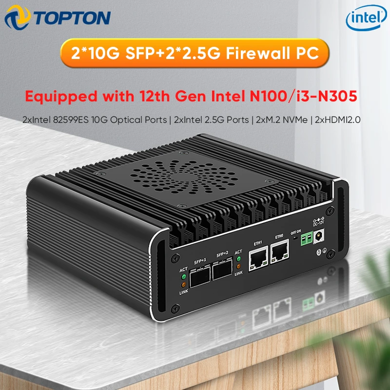 Topton Solid Firewall Appliance 2x10G SFP+ Intel i3 N355 N305 N150 N100 2xi226-V 2.5G Mini PC 2xNVMe DDR5 pfSense Proxmox ESXi