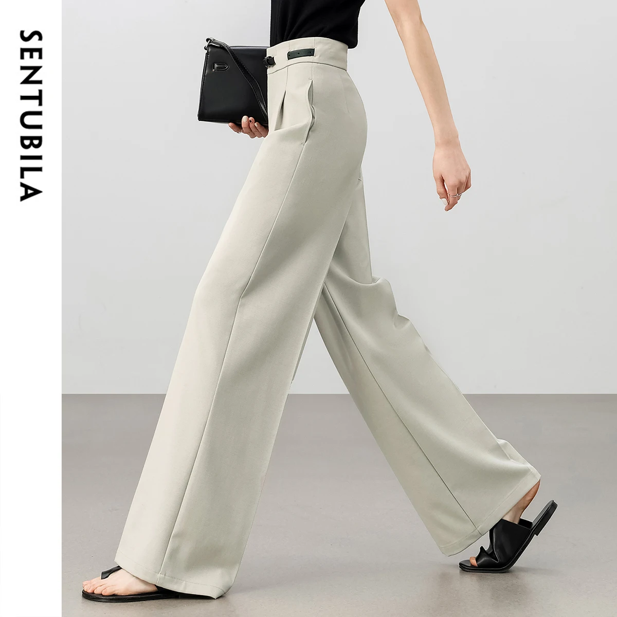 SENTUBILA Straight Pants Woman 2025 Spring Full-length High-waist Solid Folds Office Workwear Trousers with Belt 151K59377