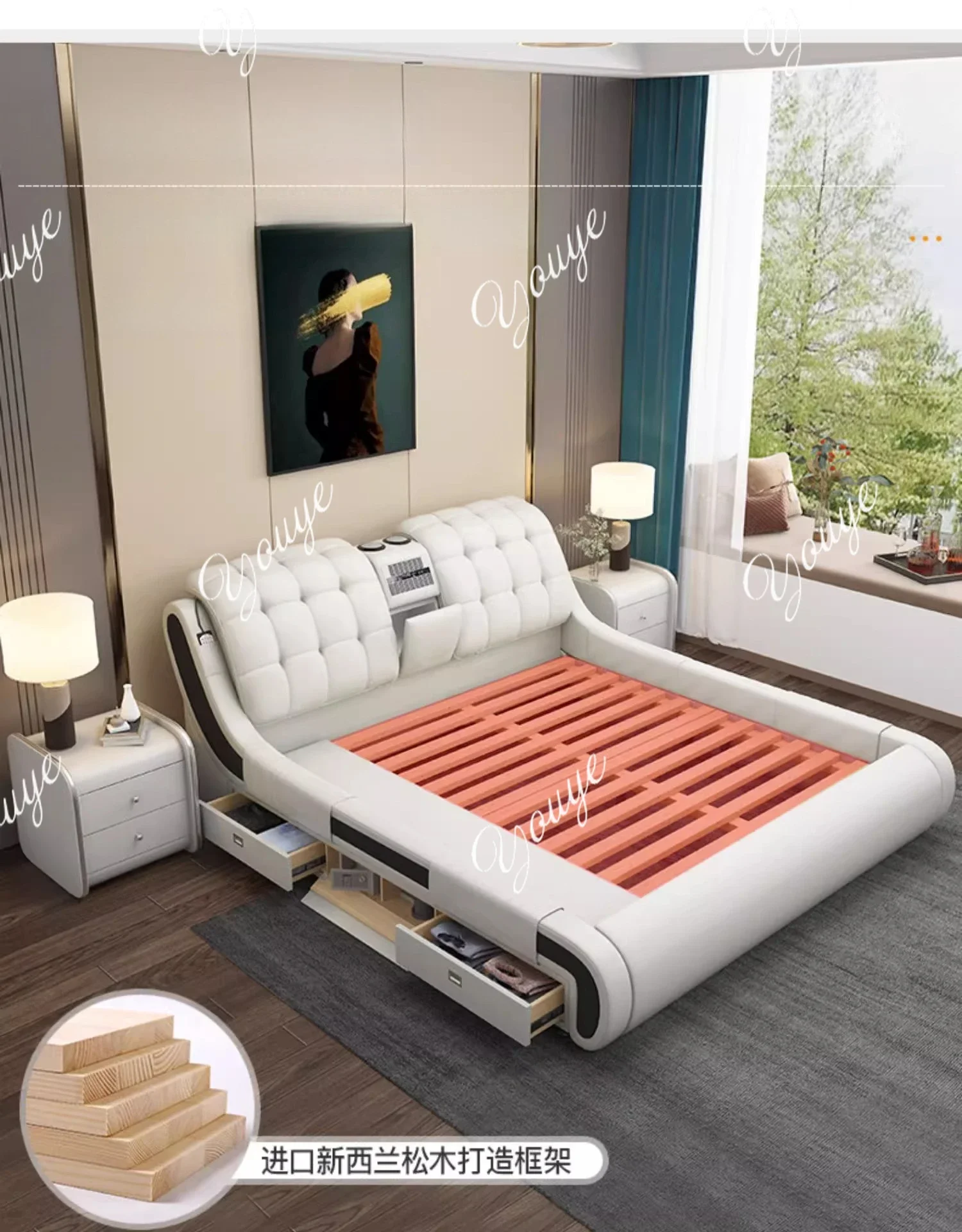 Gi Technology Fabric Leather Bed 1.8 Meters Simple Modern With Audio Air Purifier Password Box Massage Multi-function