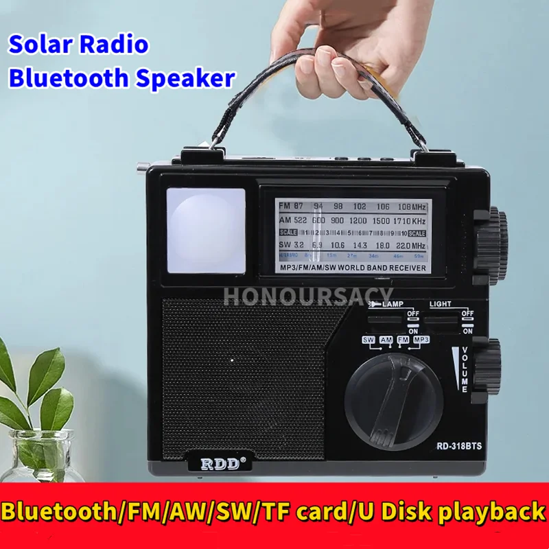 Portable Emergency Radio Solar FM AM SW Radio Receiver with LED Flashlight Wireless Bluetooth Speaker Phone Charger Music Player