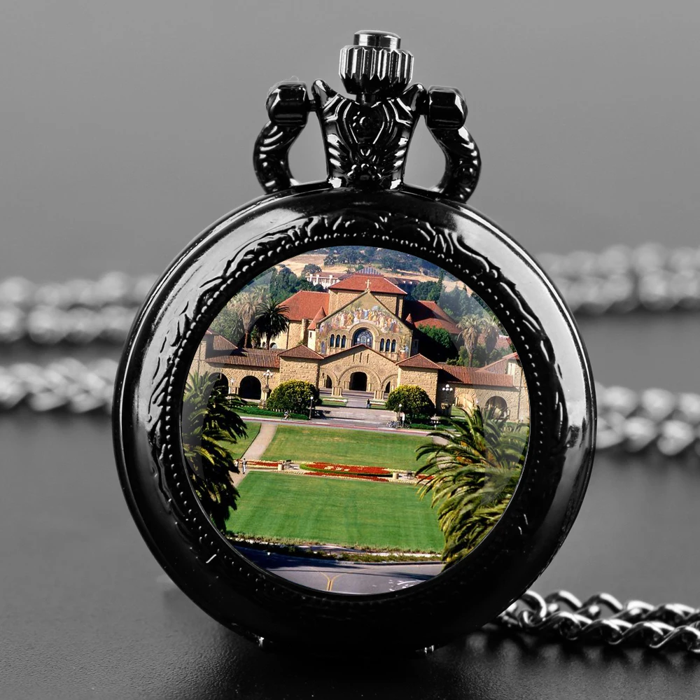 

Stanford University Architecture Quartz Pocket Watch with Chain Necklace Vintage Collection Gifts for Men Women