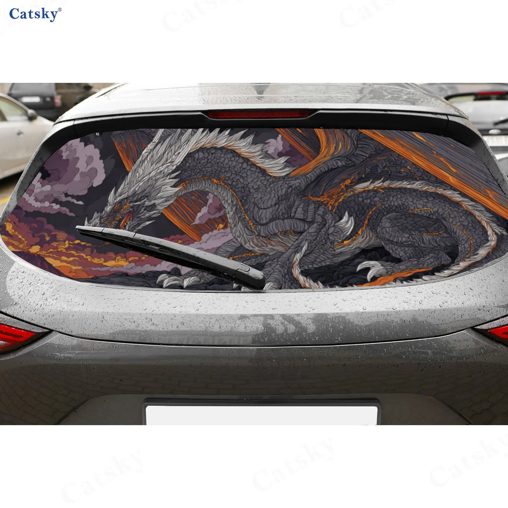 

Вулканический ясень Дракон Dark Power ПВХ перфорированные автомобильные виниловые обертывания, прочная наклейка на заднее лобовое стекло автомобиля, водонепроницаемая задняя оконка автомобиля D