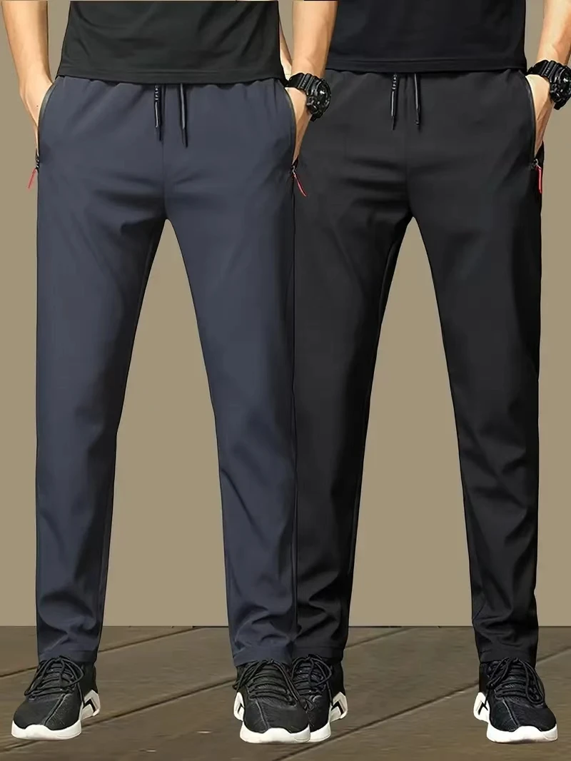 2 pieces of men's slim fit zippered pocket pants, made of comfortable elastic fabric, pure black, perfect for casual wear, winte