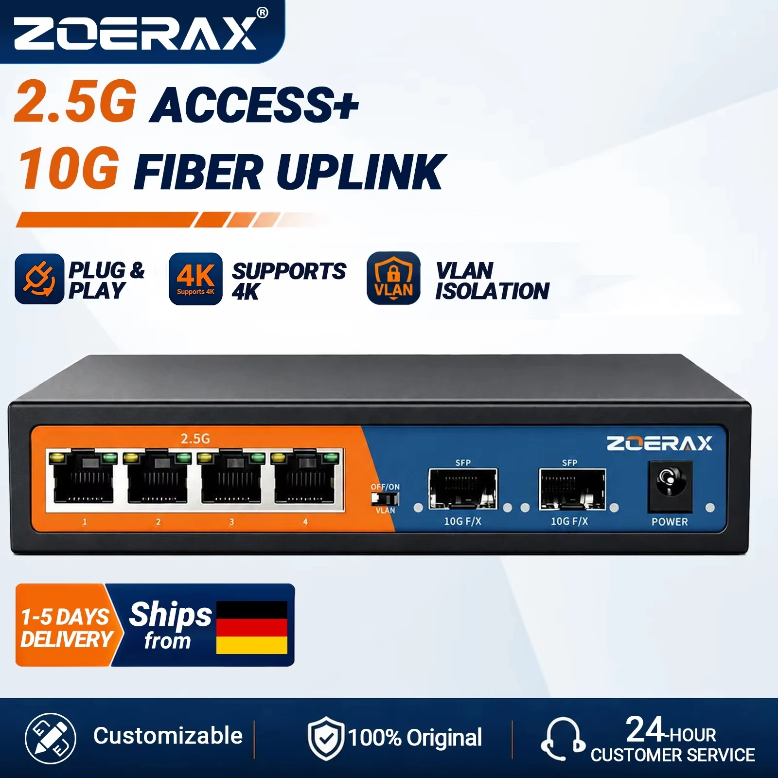 ZoeRax 6-portowy przełącznik sieciowy Multi-Gigabit Ethernet z 4 portami 2.5Gb RJ45 i 2 portami 10G SFP+, niezarządzalny, z ochroną przed wyładowaniami atmosferycznymi 4KV, VLAN jednym przyciskiem.