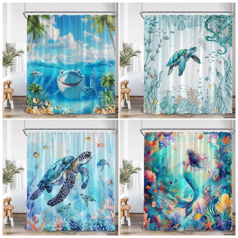 Rideau de douche animaux de l'océan pour enfants, tortue de mer, requin, poulpe, sirène, paysage sous-marin drôle, HOCurtains, décor en tissu