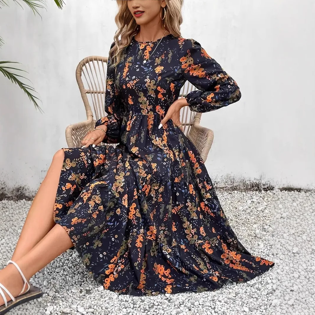 

New Women's Fashion Floral Print Crew Neck Long Sleeve A-Sleeve Dress