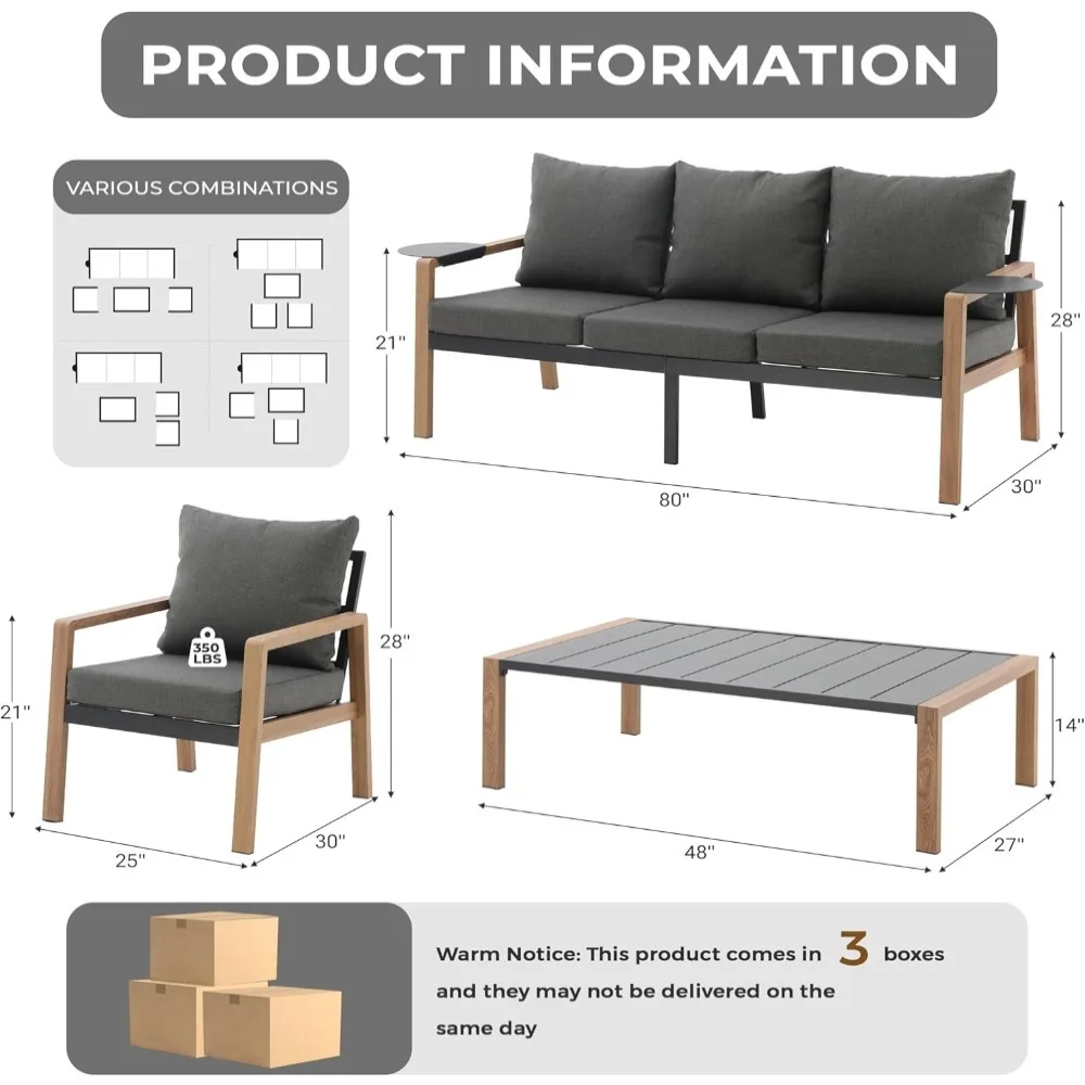 

4-Piece Outdoor Patio Furniture Set, All-Weather Patio Conversation Set, Modern Sectional Sofa with Coffee Table & Detachable