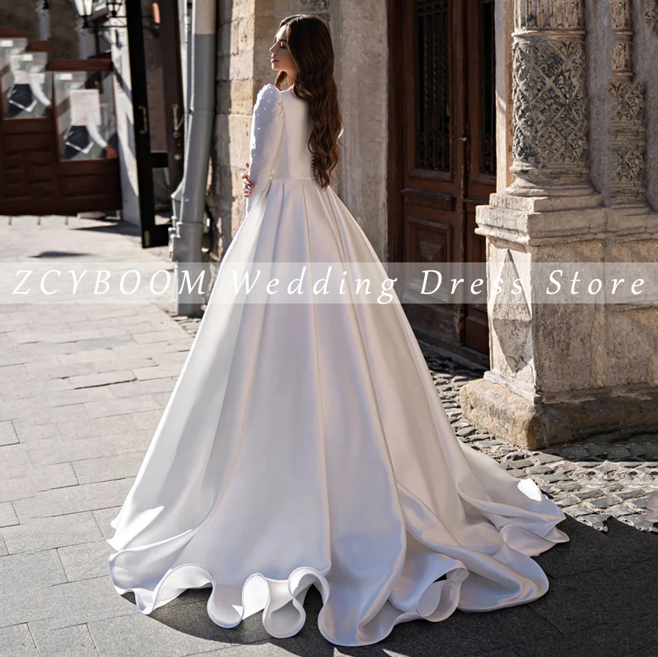 Vestido de novia blanco con cuentas y lentejuelas, manga larga, cuello redondo, personalizado, corte en A, largo hasta el suelo, cola de barrido, vestido de novia con cremallera y manchas, 2024