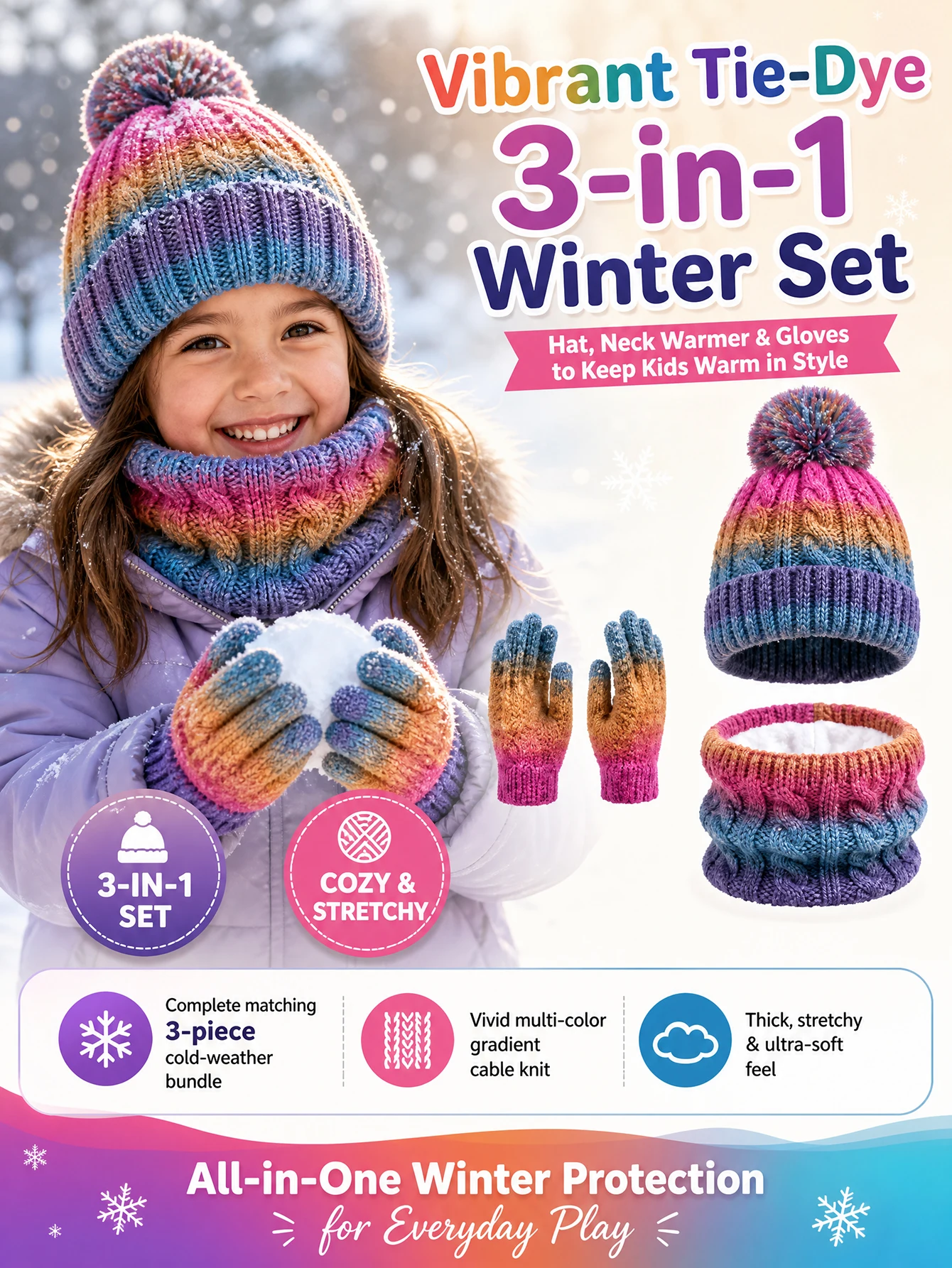 3pc3-12Y solid color, fleece and thickened children's, boys' and girls' hats, scarves and gloves set