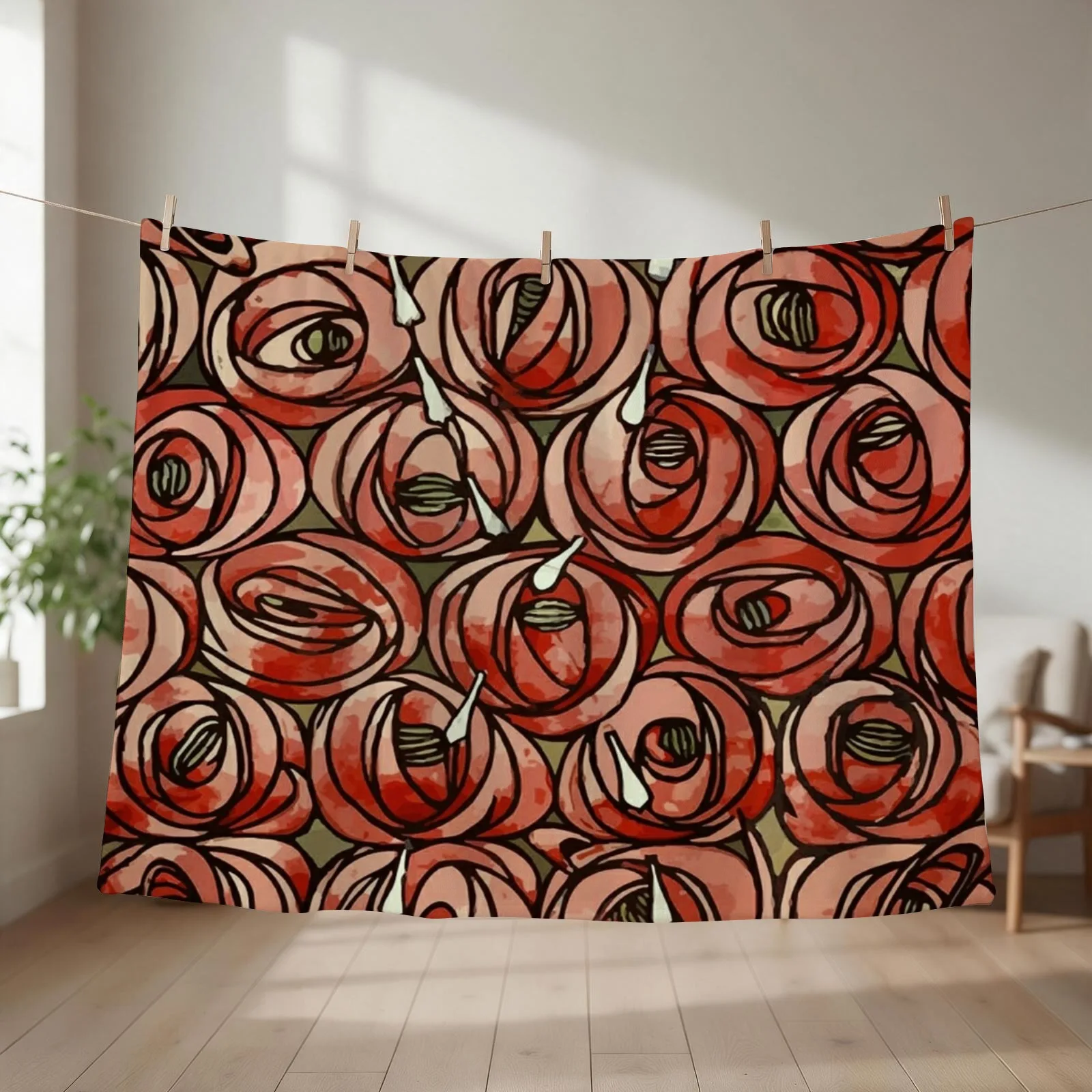 Charles Rennie Mackintosh Roses and teardrops, red,Mackintosh rose Throw Blanket Summer Beddings Shaggy Single Summer Blankets