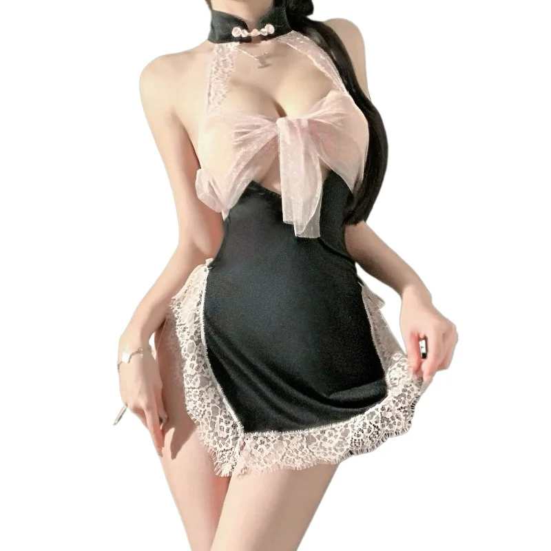 

​ ​ Женское сексуальное женское белье с бретелькой на шее, прозрачное мини-платье Ципао, облегающее кружевное платье с высоким разрезом, соблазнительный дразнящий эротический наряд ​