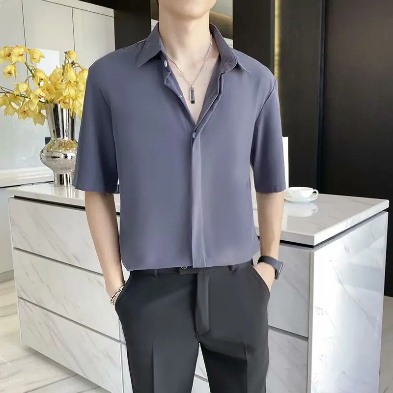 Men's Short-sleeved Korean Style Trendy Slim and Handsome Five-point Sleeve Casual Shirt Mid-sleeved Inch Shirt