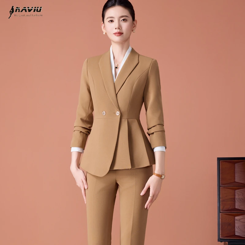 

NAVIU Тонкий комплект из 2 предметов для офисной одежды для женщин, новинка 2023 года, модный двубортный пиджак с отложным воротником, повседневные брюки для женщин