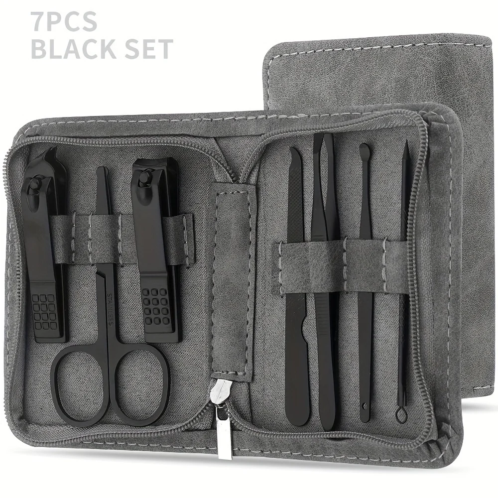 

7 in 1 Nail Clippers and Beauty Tool Portable Set, Martensitic Stainless Steel Manicure Set, with Gray Leather Bag