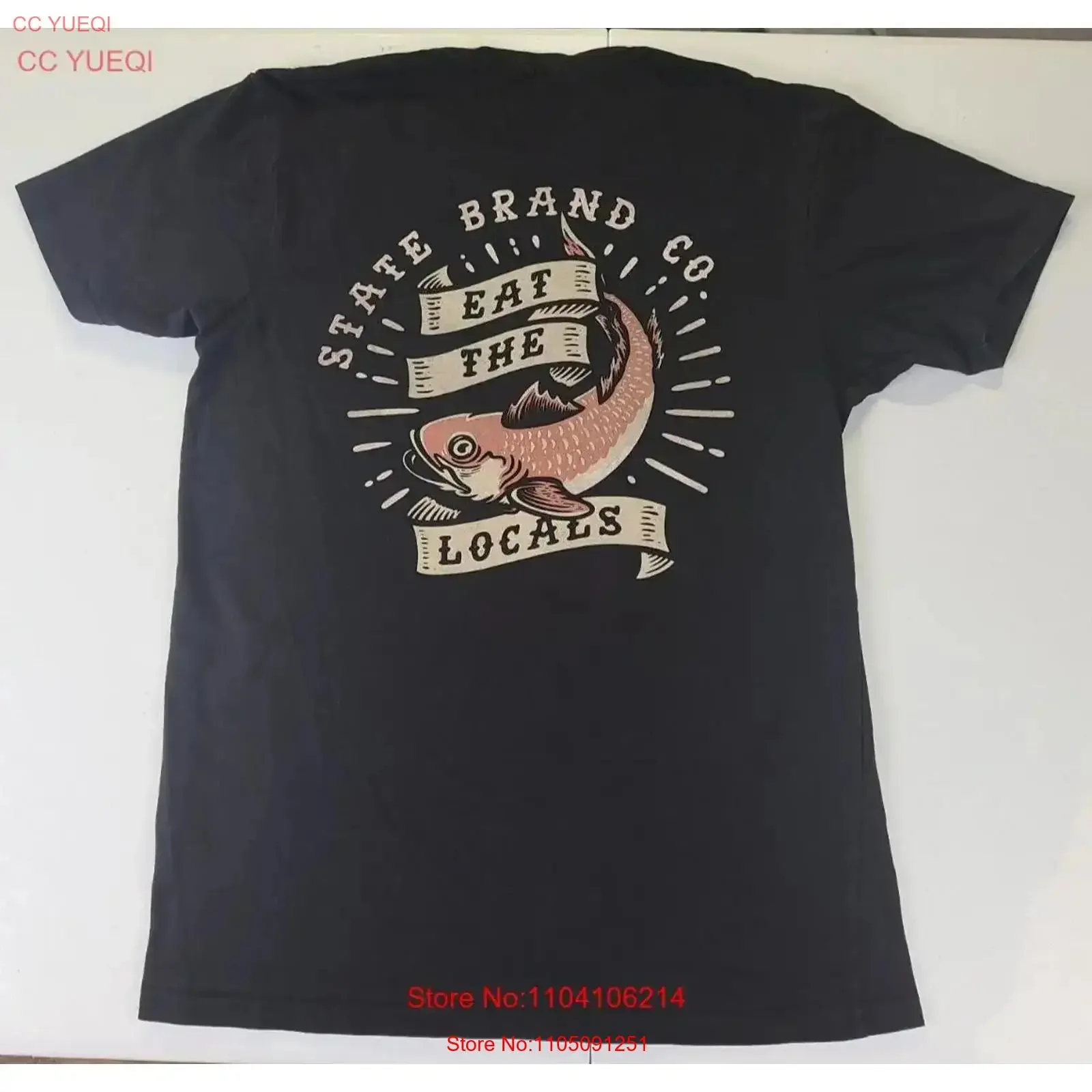 State Brand Co Eat The Locals Black Fish تي شيرت رجالي M عتيق مغسول متعدد الاستخدامات أنيق للجنسين للارتداء اليومي