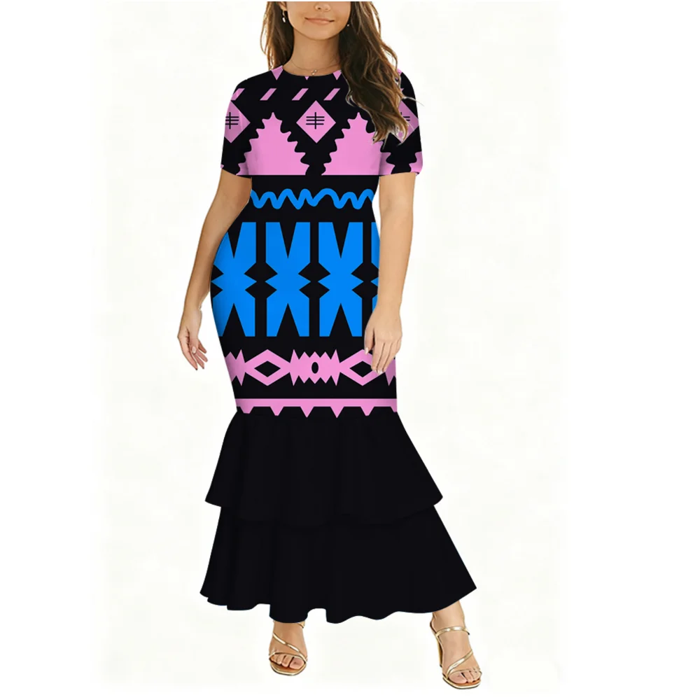 ชุดเดรสสั้นแขนสั้นทรงเข้ารูปคุณภาพสูงสำหรับผู้หญิงสไตล์โพลินีเซีย ซามัว ฟิจิ ตองกา แฟชั่นชุดเดรสยาวคลุมเท้าสำหรับงานเทศกาลและงานปาร์ตี้