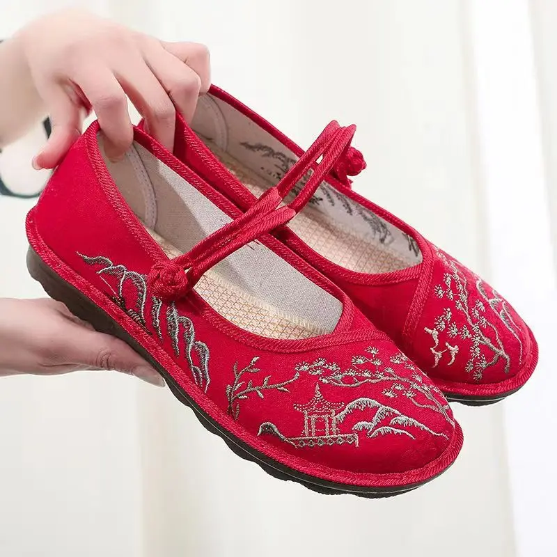 New Woman\'s Summer Shallow Cloth Shoes Soft Sole Ancient Style Embroidered Hanfu Shoes Ethnic Style Retro Nude Shoes