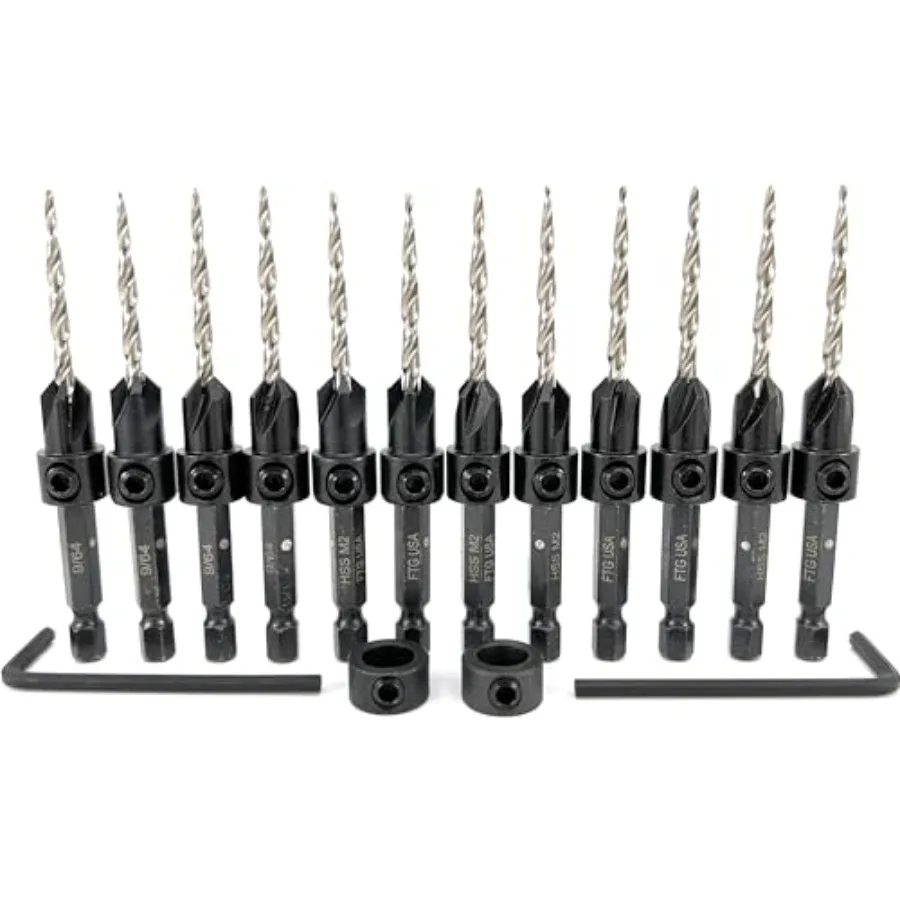 

12 Pc 9/64" Countersink Drill Bit Set with Depth Stop Collar Hex Wrench - Tapered Drill Bits for Wood