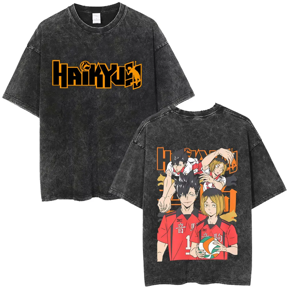 

Washed Vintage Anime Haikyuu Kuroo Tetsurou Kozume Kenma Graphic T-shirt Men's Manga Oversized T Shirts Unisex Retro Streetwear