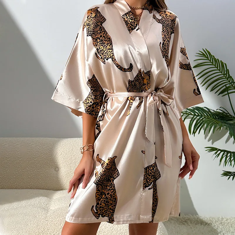 Women Imitation Silk Pajamas Robes Sleepwear Nightgowns Half Sleeve Nightdress Cartoon Print Luxury Bathrobe Smooth Soft Kimono