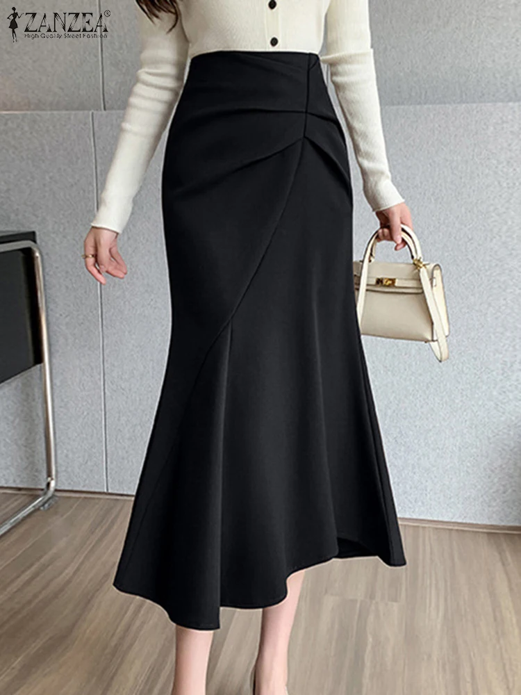 Autumn Women High Waist Officewear Skirts ZANZEA Elegant Soolid Pleated Faldas Saia Party Jupe Stylish Woman Skirt Midi Vestidos