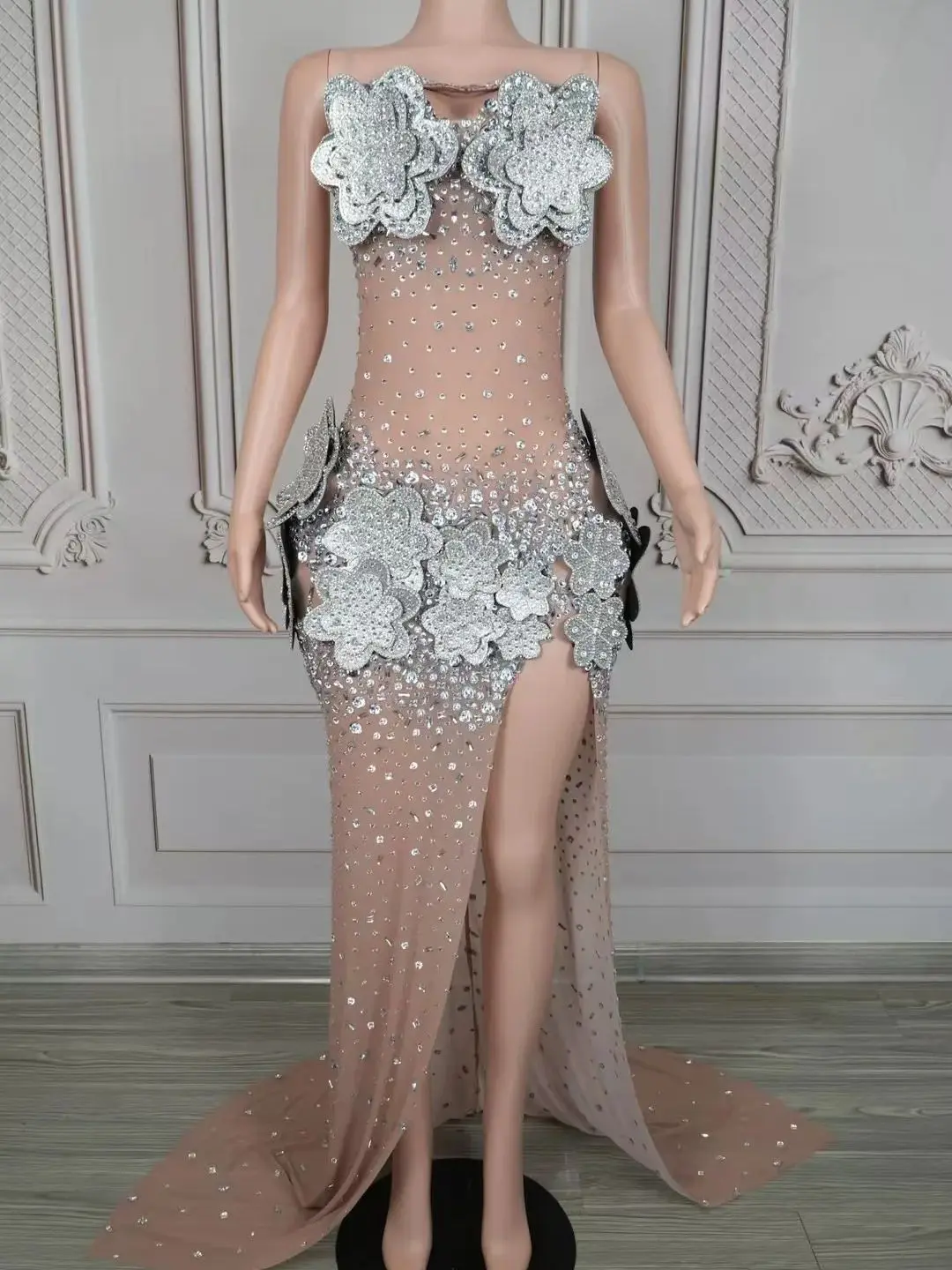 

Luxury Sequin Silver Flower Mesh Trailing Dress Nightclub Bar Dj Performance Stage Costumes Singer Gogo Dancers Clothes DN20947