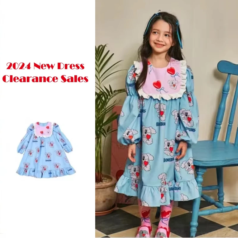 ¡Ventas de liquidación! Vestido azul de primavera para niñas, vestido con estampado de conejo de dibujos animados, banda para el pelo, calcetines, ropa para niñas 2024