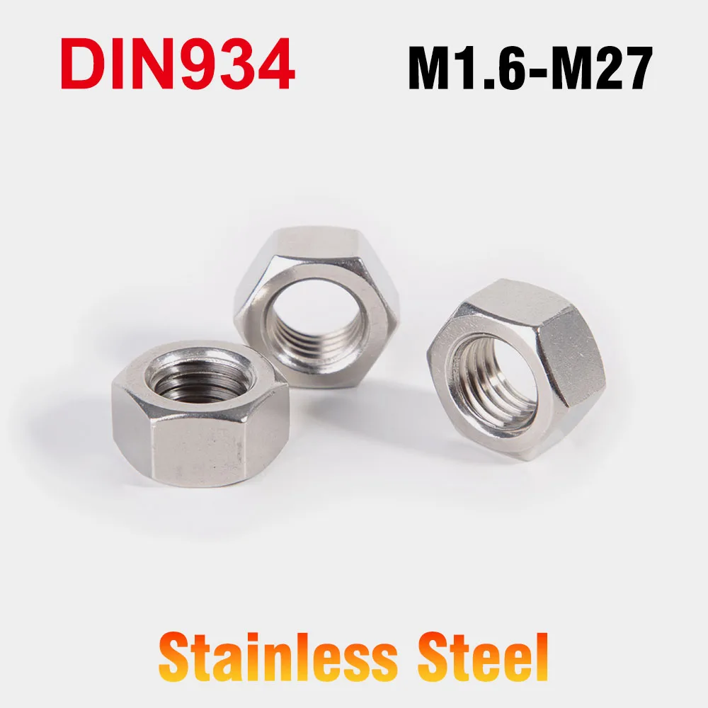 DIN934 A2-70 304 Stainless Steel Hex Hexagon Nut M1.6 M2 M2.5 M3 M4 M5 M6 M8 M10 M12 M14 M16 M18 M20 M22 M24 M27 Coarse Thread