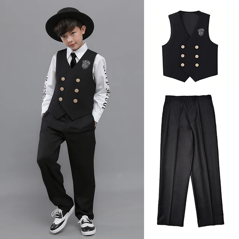 ชุดเต้นสตรีทแดนซ์เด็กผู้ชาย แจ๊ส ล็อคกิ้ง ป๊อปปิ้ง ชุดเต้น กางเกงดำ ชุดแสดงบนเวที ชุดฮิปฮอปเด็ก 4168