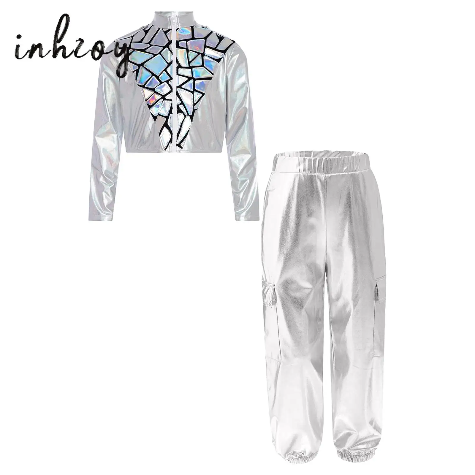

Kids Boys Girls Hip-Hop Jazz Dance Outfit Long Sleeve Stand Collar Zipper Sparkling Sequins Metallic Cropped Jacket+Cargo Pants