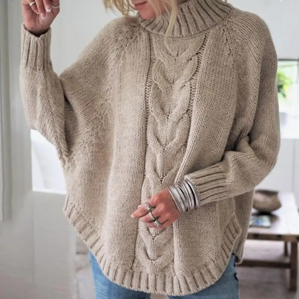 Women Sweater Tops Half High Collar Batwing Long Sleeve Solid Color Knitted Sweater Twist Texture Loose Fit Casual Knitting Tops