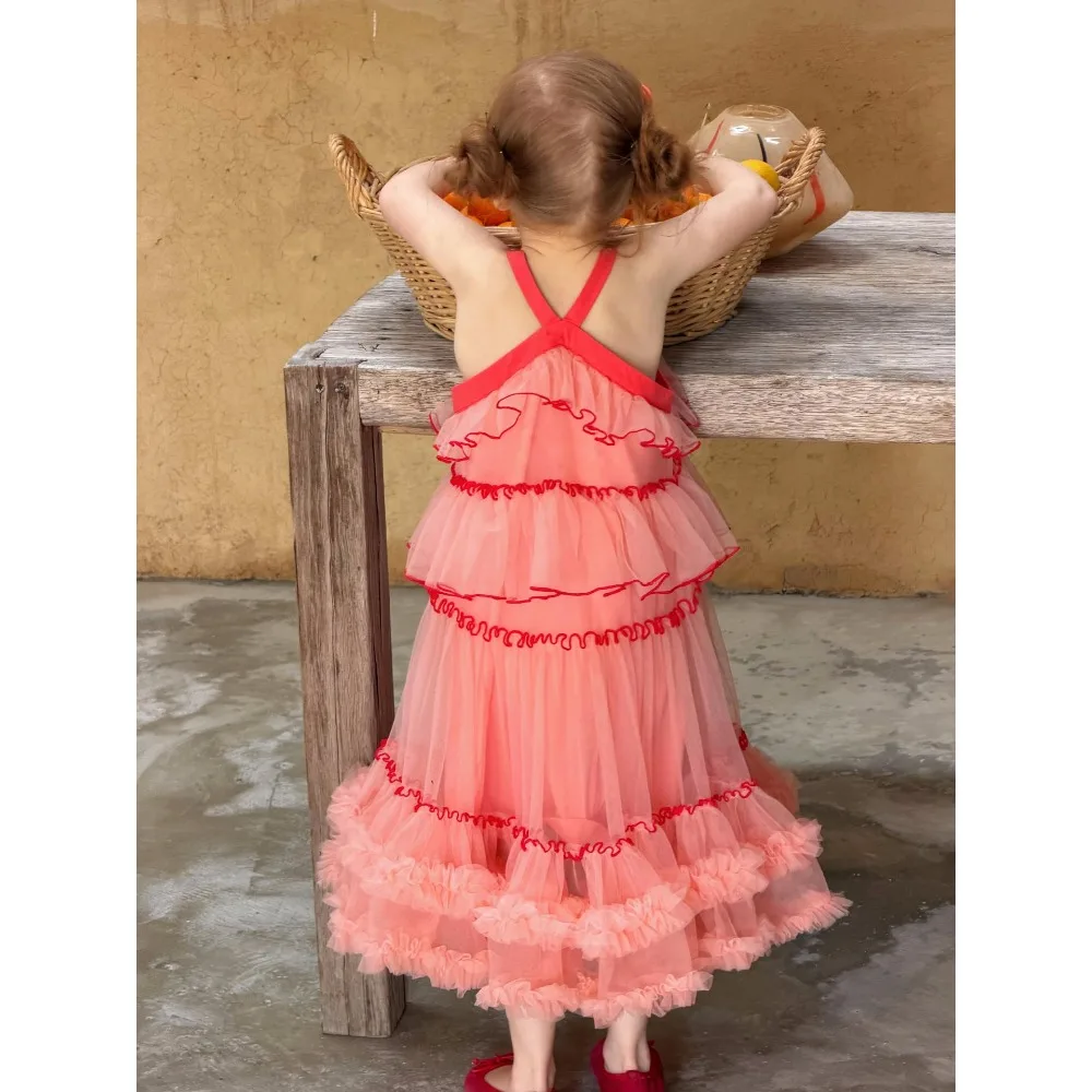 New Arrival Toddler Girl Korean Fashion Red Mesh Gown, Voluminous Puffy Skirt Children Cute Princess Outfit for 90-150cm