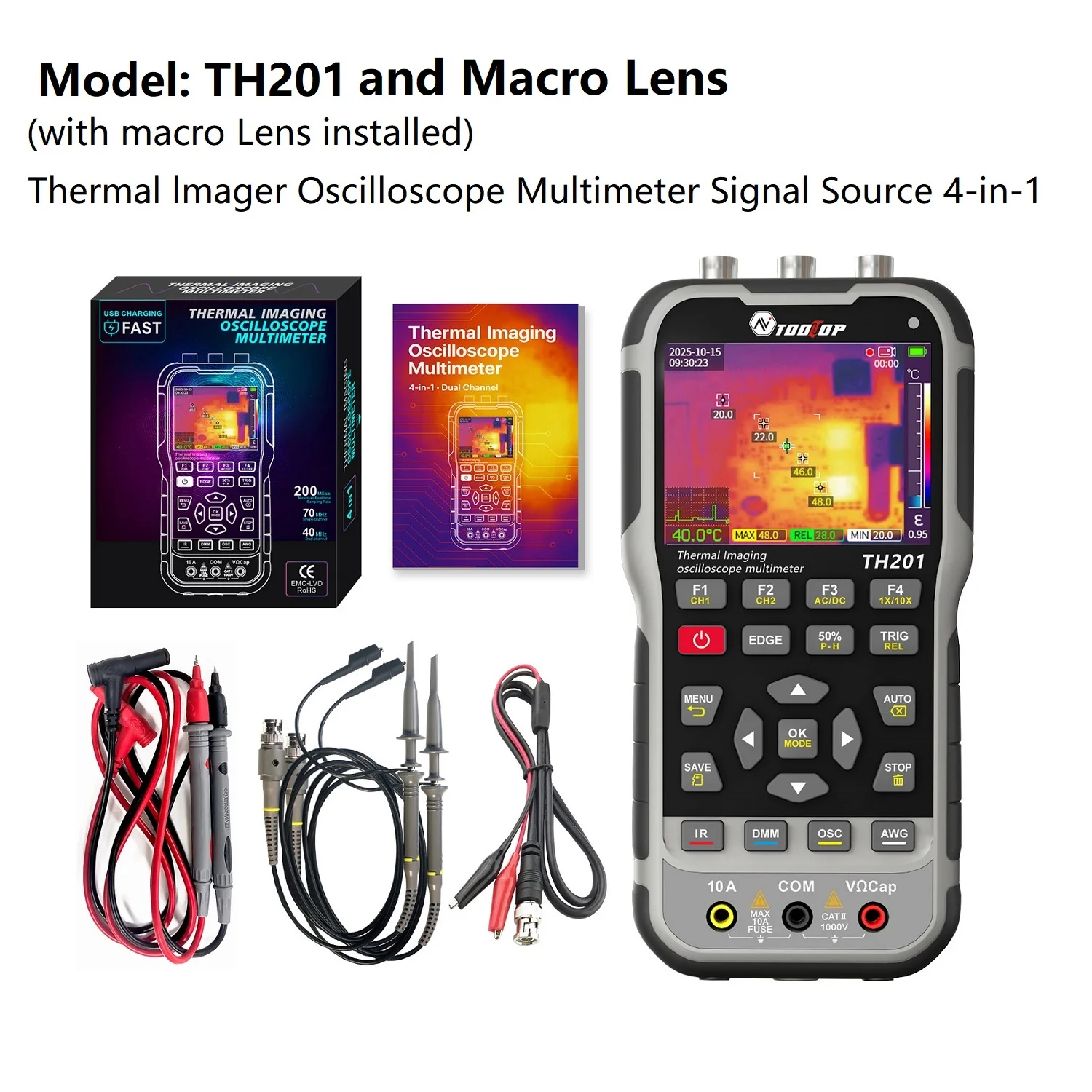 TOOLTOP TH201 2-Kanal-Thermo-Oszilloskop 70MHz ISR 288*240 Wärmebildkamera mit Makro-Objektiv 3,5 Zoll Elektrikerwerkzeug