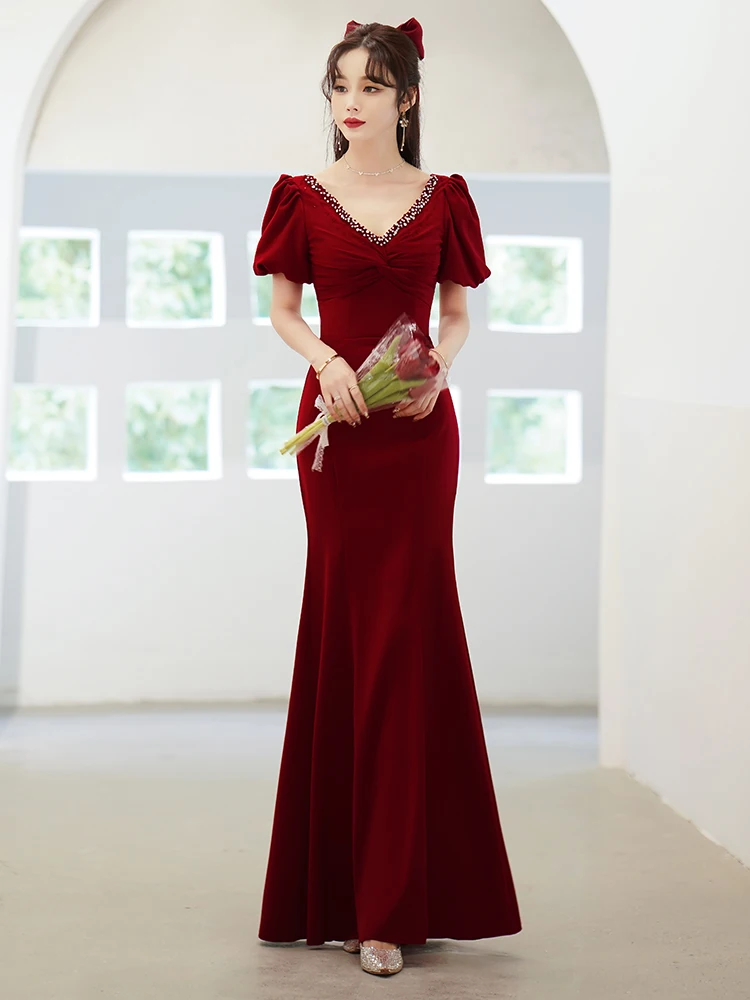 

Ele V-Ne Long Evening Gown Wedding Dr Fi Tail Slim Fit Vintage Sle Bubble Sve Floor Length for Wedding Par
