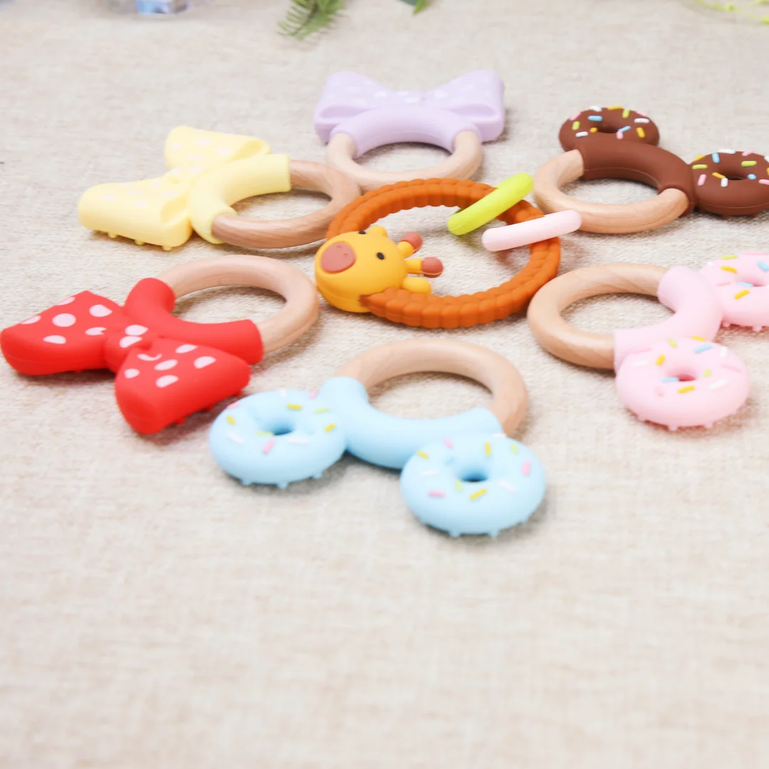 1PC Baby Silicone Teether Toy BPA Free Infant Wooden Ring Health Care Teething Chewing Toys Newborn Gifts For Baby Accessories