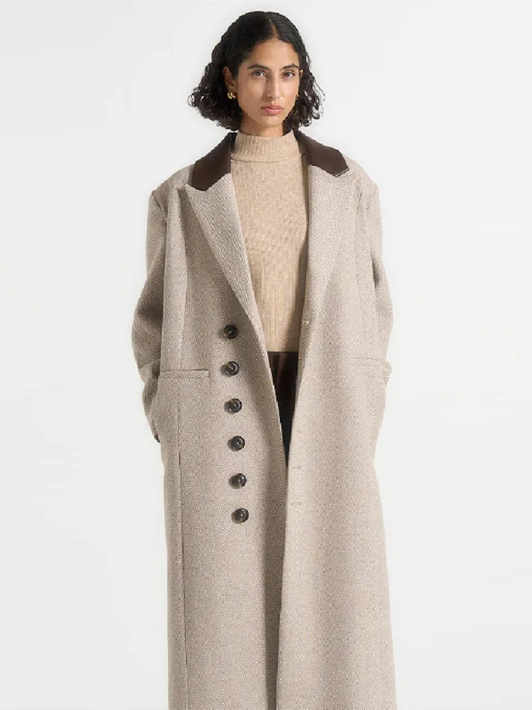 Moda cintura cinching casaco longo de lã para mulheres lapela manga longa casaco único breasted com cinto nova senhora commuter outwears