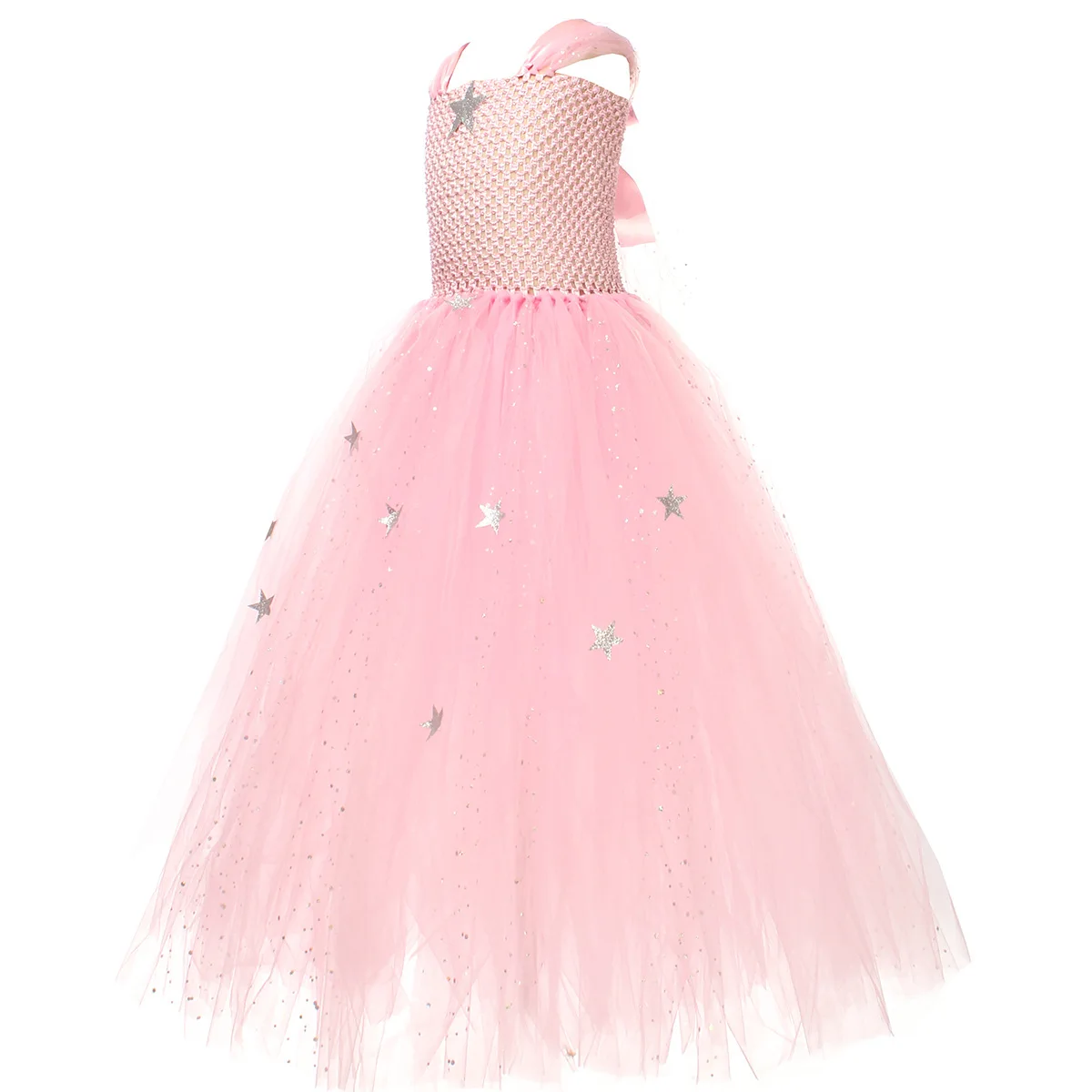 Children Elegant Sparkly Pink Magic Witch Long Tutu Dress With Silver Stars Crown Halloween Holiday Party Stage Performance Wear