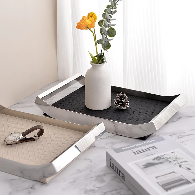 Nordic Luxury Stainless Steel Serving Tray Leather Woven Storage Tray with Handles for Home Decoration Table Room Gift