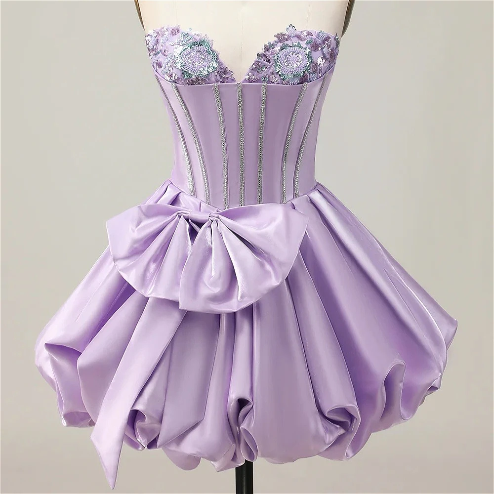 Customized Lavender Strapless Corset Mini Dress 3D Floral Rhinestone Big Satin Bow Puffy Short Cocktail Homecoming Formal Gown