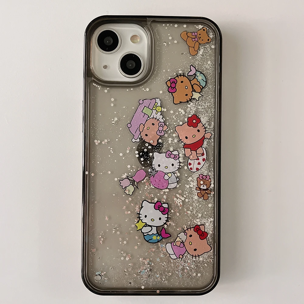 Cute Cartoon Fashion Black Hello Kitty Quicksand Glitter Etui na telefon do iPhone 15 14 13 12 11 Pro Max Przezroczysta tylna obudowa Prezent dla