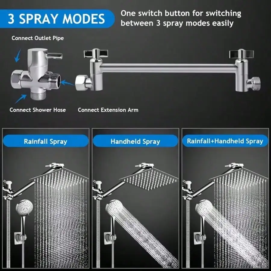 8/10/12 Inch Square Rainfall Shower Head Combo With Adjustable Extension Arm High Pressure 3‑Function Handheld Showerhead Silicone Nozzle Bathroom Shower System Set