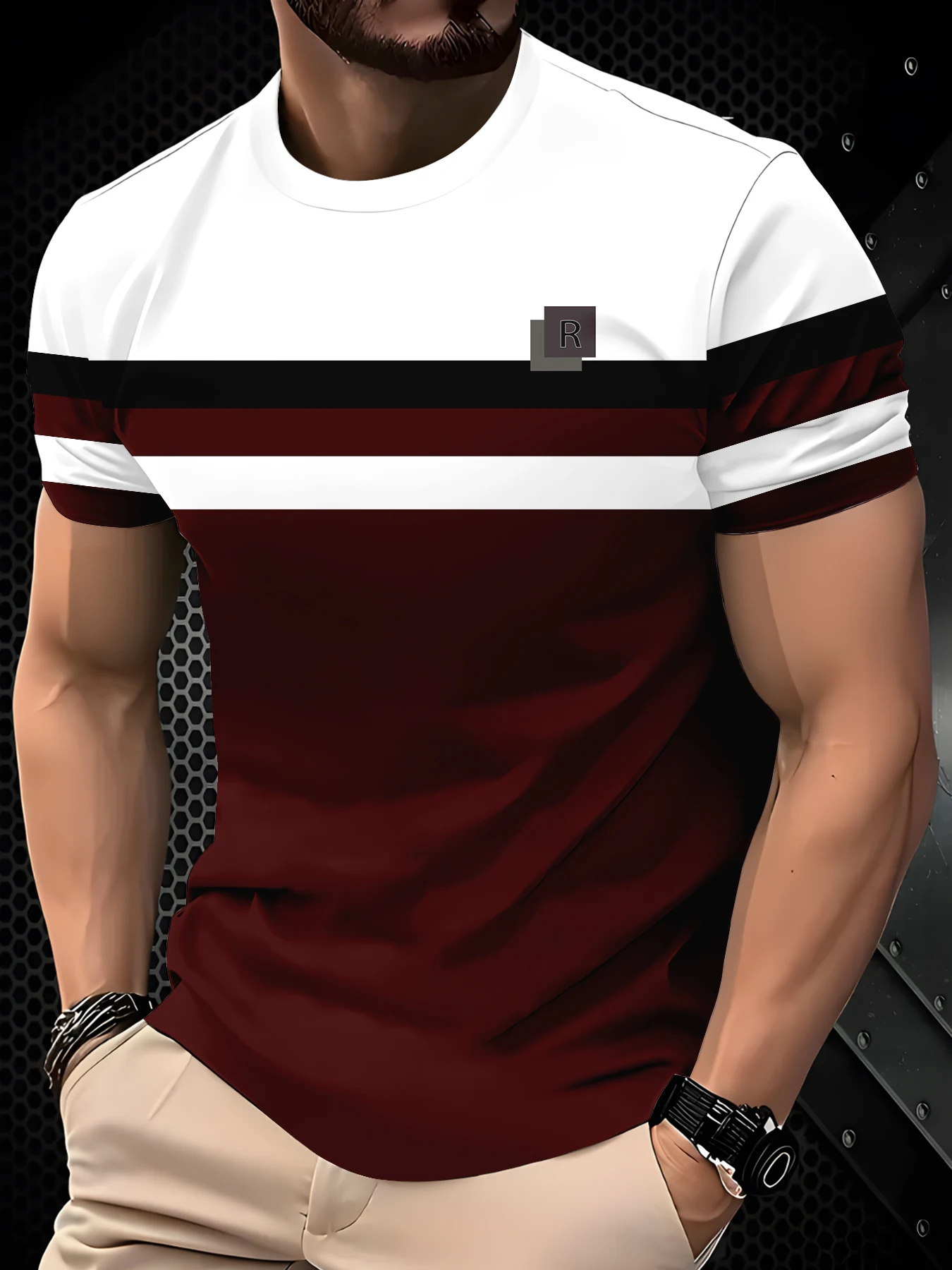 Vintage Contrast Horizontal Striped Print Men Casual Short Sleeve Tee